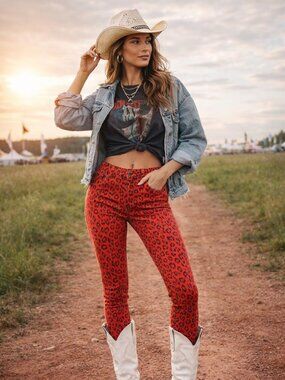 Dollhouse Red Leopard Print Skinny Jeans Y2K Festival Statement Pants Size 11